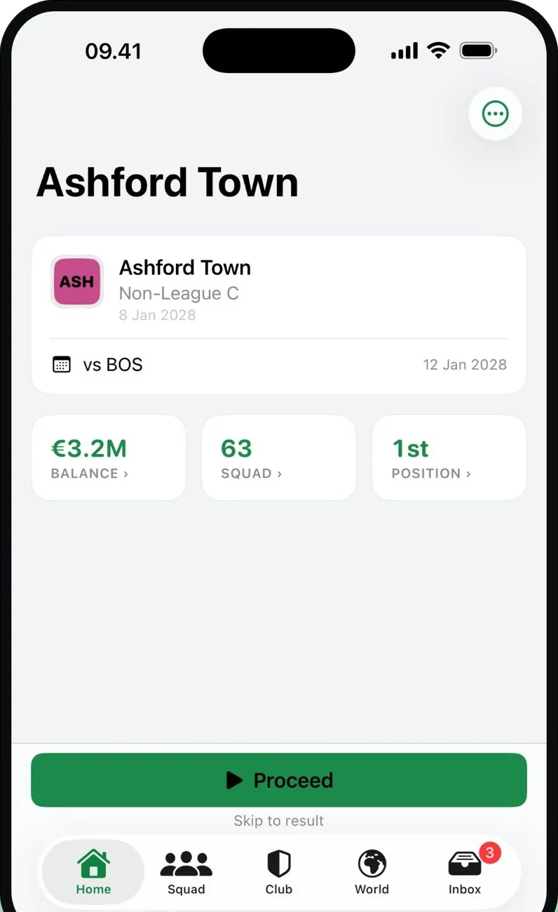 The club home screen for Ashford Town, showing balance, squad size, league position and the button to proceed to the next match.
