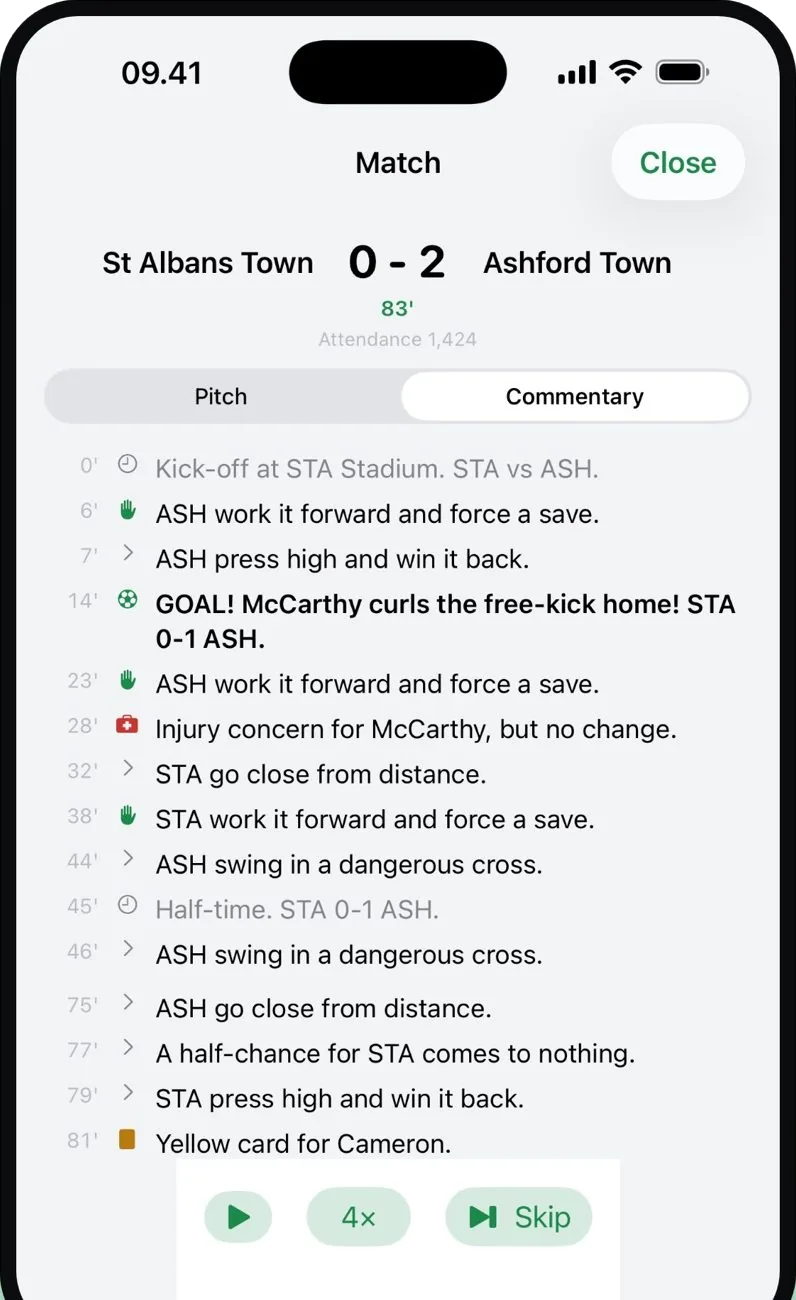 Live match commentary showing St Albans Town 0–2 Ashford Town at 83 minutes, with goals, substitutions and a yellow card.