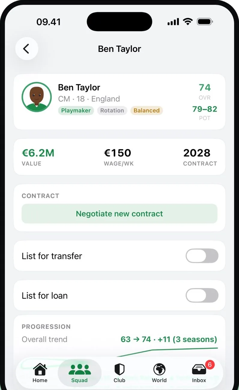 Player profile for Ben Taylor, an 18-year-old midfielder, showing value, wage, contract, season and career statistics and a progression trend.