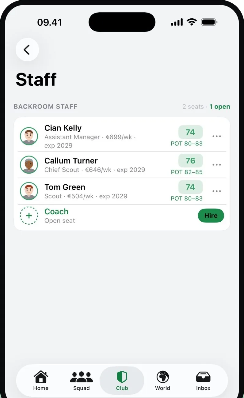 Backroom staff screen listing an assistant manager, chief scout and scout, with one open coaching seat to hire.